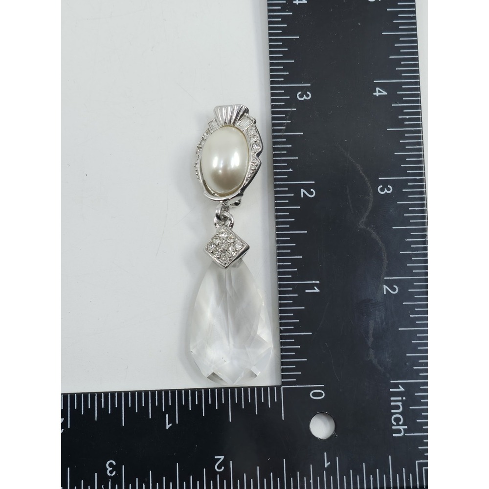Vintage Signed Craft Silver Tone Faux Pearl Rhinestone Teardrop Crystal Brooch - Picture 6 of 6